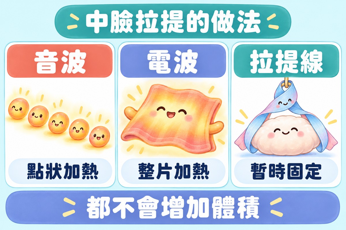 三張卡片的整理圖:一排發著暖光的小石頭代表音波點狀加熱,發著暖光的毯子代表電波整片加熱,緞帶吊起坐墊代表拉提線暫時固定;下方寫著都不會增加體積