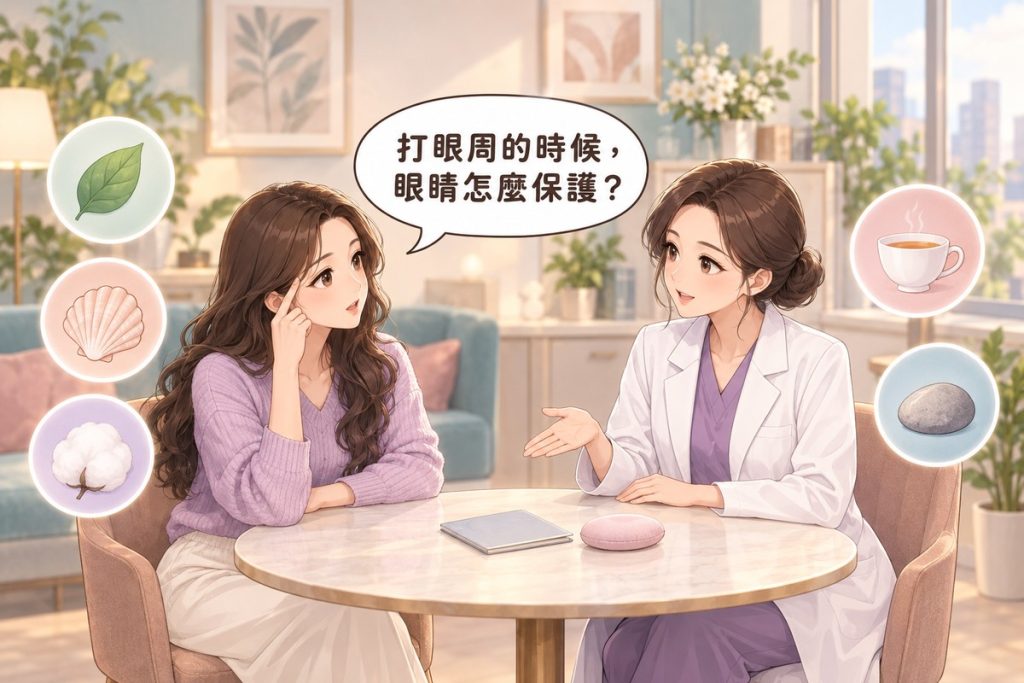 插畫:診間裡一位女性手輕放在太陽穴旁、帶著疑問發問,對面穿白袍的醫師比著桌上的小冊子與軟墊向她說明,周圍有葉子、貝殼、棉球、茶杯與小石頭的小圖示
