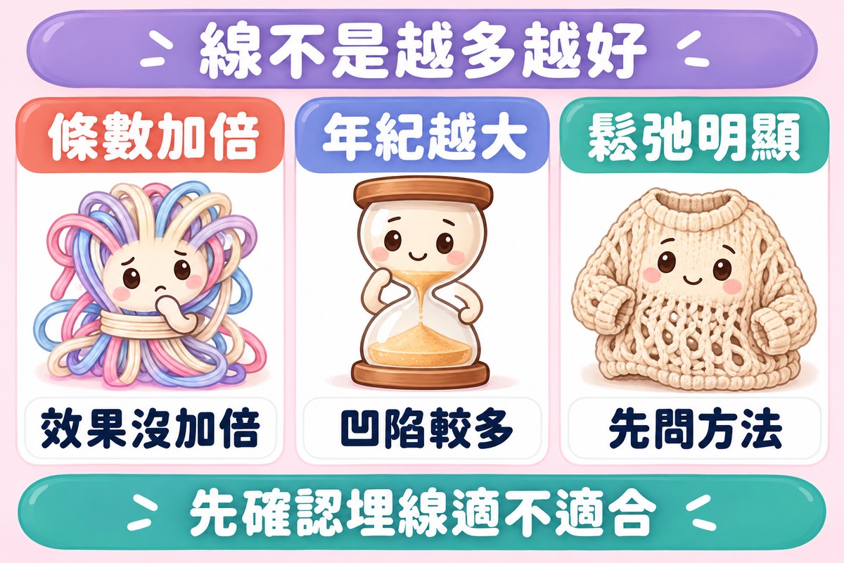 三張卡片的整理圖:一束表情有點猶豫的線角色寫著條數加倍、效果沒加倍,小沙漏寫著年紀越大、凹陷較多,針目鬆開的毛衣寫著鬆弛明顯、先問方法;上方寫著線不是越多越好,下方寫著先確認埋線適不適合