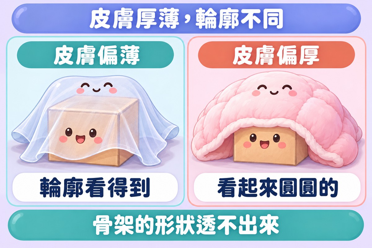 兩格對照比喻圖:同一個有稜角的小盒子,左邊蓋薄被單看得到稜角、寫著皮膚偏薄輪廓看得到;右邊蓋厚棉被只看到圓圓一團、寫著皮膚偏厚看起來圓圓的