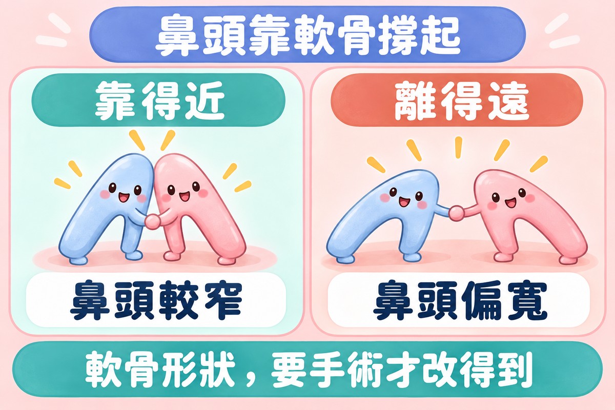 兩格對照比喻圖:左邊兩個拱形小角色靠得很近、寫著鼻頭較窄;右邊兩個拱形小角色離得很遠、寫著鼻頭偏寬;下方寫著軟骨形狀,要手術才改得到