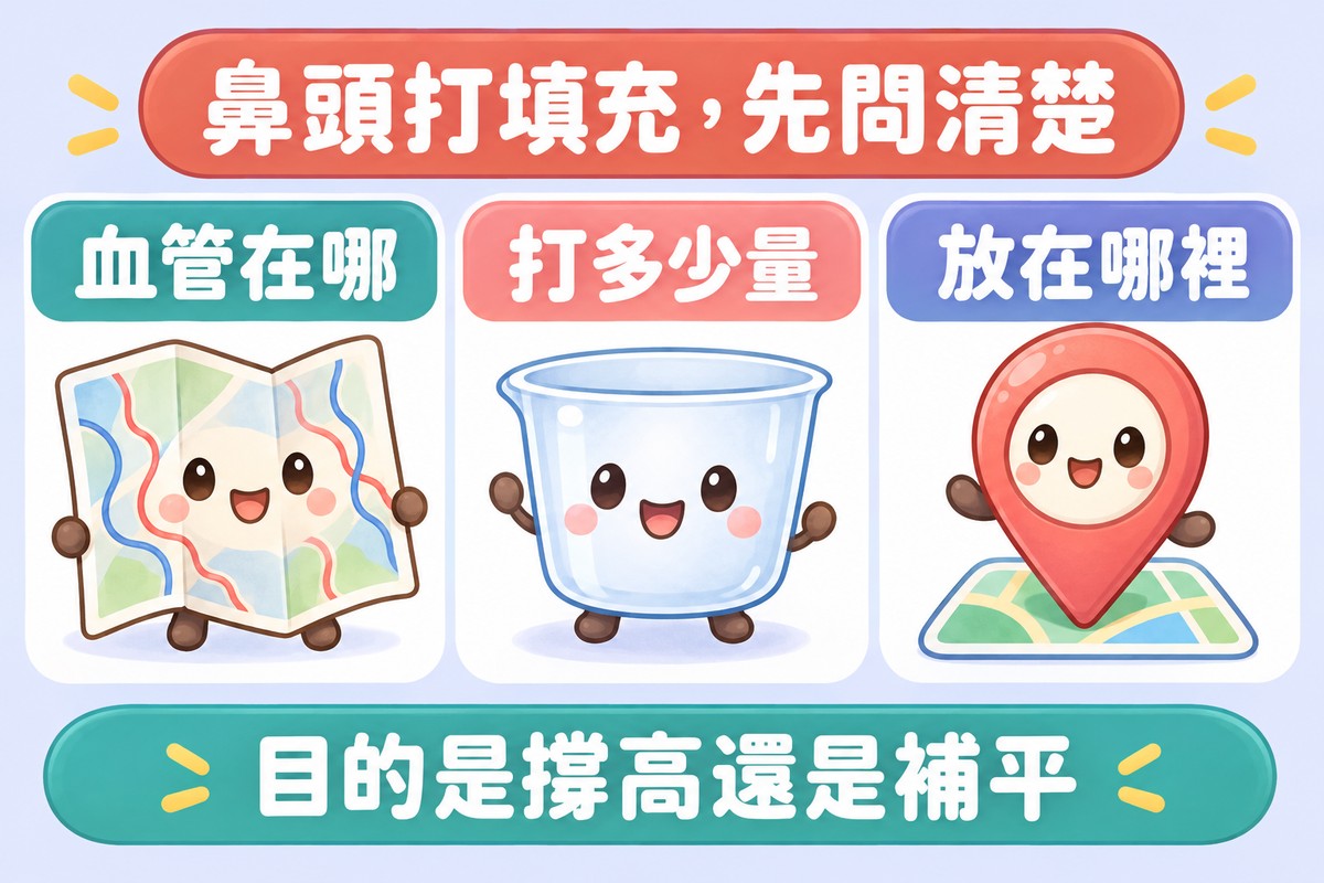 三張卡片的清單圖:血管在哪、打多少量、放在哪裡,各配一個畫著河流線條的地圖、沒有刻度的量杯、地圖針小角色;下方寫著目的是撐高還是補平