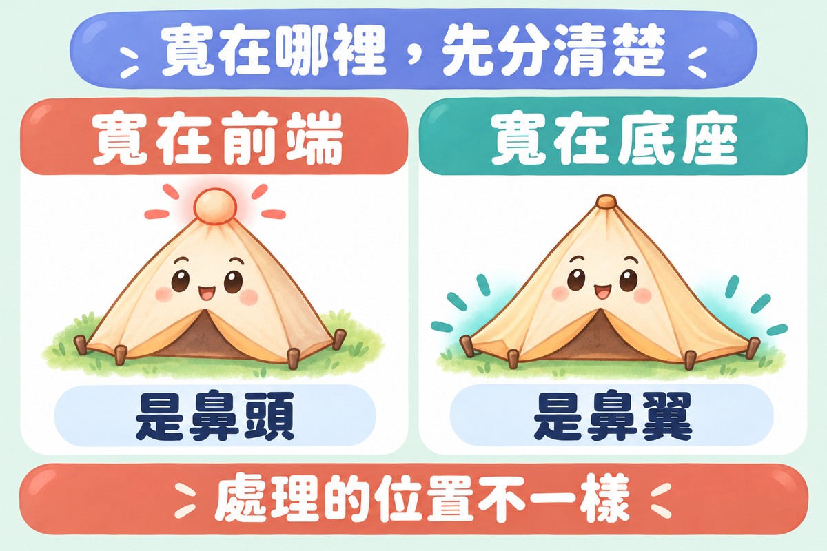 兩張卡片的比喻圖:左邊帳篷角色的前端圓圓鼓鼓、寫著寬在前端是鼻頭;右邊帳篷角色的底座往兩側張開、寫著寬在底座是鼻翼;下方寫著處理的位置不一樣