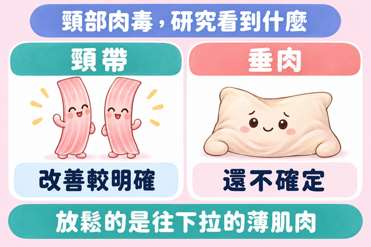 兩張卡片的整理圖:左邊兩條直立的小緞帶角色放鬆地微笑,寫著頸帶、改善較明確;右邊一個中間有點下垂的小枕頭角色,寫著垂肉、還不確定;上方寫著頸部肉毒,研究看到什麼,下方寫著放鬆的是往下拉的薄肌肉