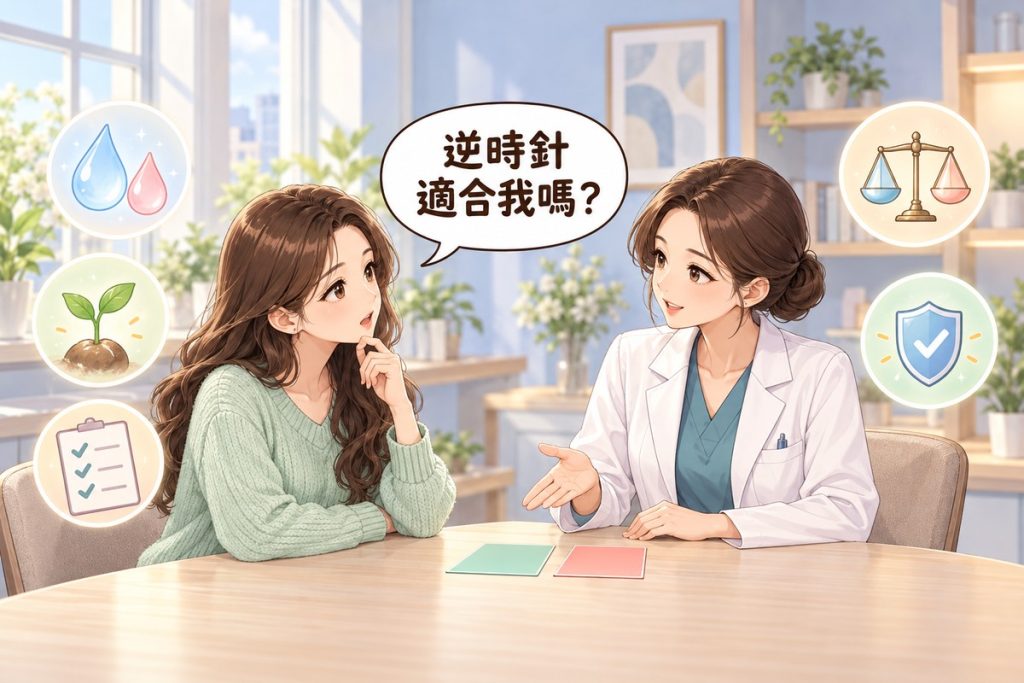 插畫：診間裡一位穿薄荷綠毛衣的女性手托下巴問「逆時針適合我嗎？」，對面穿白袍的醫師比著桌上並排的兩張空白卡片向她說明，左右有兩顆水滴、發芽、勾選清單、天平與盾牌五個小圖示