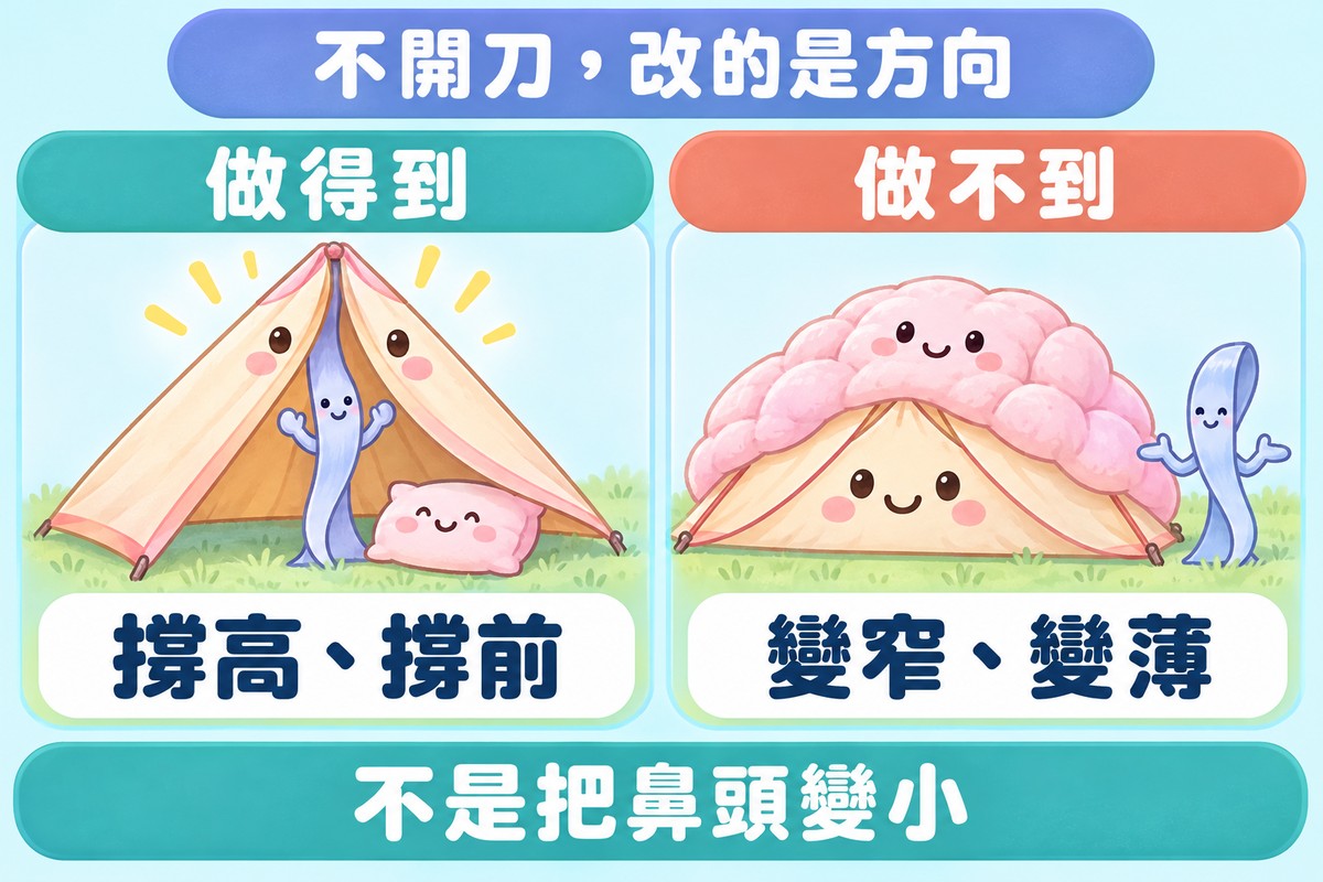兩格對照比喻圖:左邊緞帶般的線材角色在帳篷裡把前端撐高、前緣墊著小枕頭,寫著做得到、撐高撐前;右邊底座很寬又蓋著厚棉被的帳篷旁,線材角色攤開雙手,寫著做不到、變窄變薄
