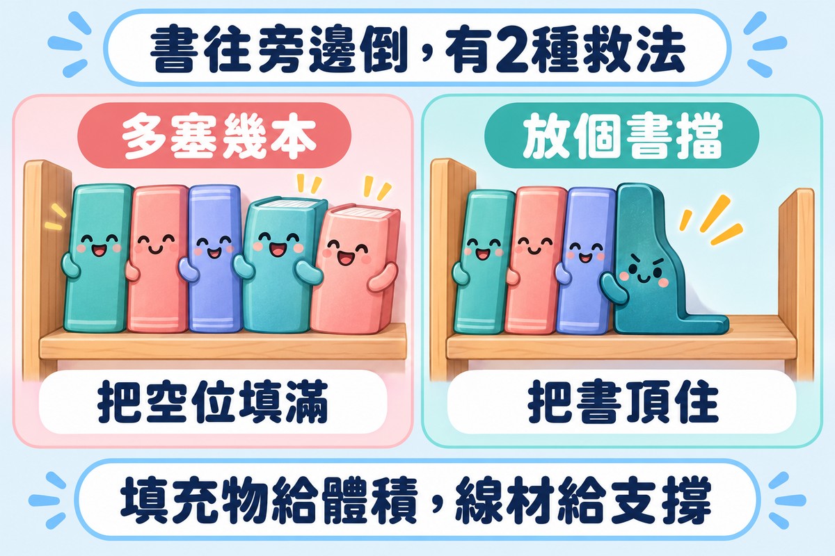 兩格比喻圖:左邊書架的空位多塞進兩本書,旁邊的書就站直了,標示多塞幾本、把空位填滿;右邊用一個書擋把書頂住,標示放個書擋、把書頂住;下方寫填充物給體積,線材給支撐