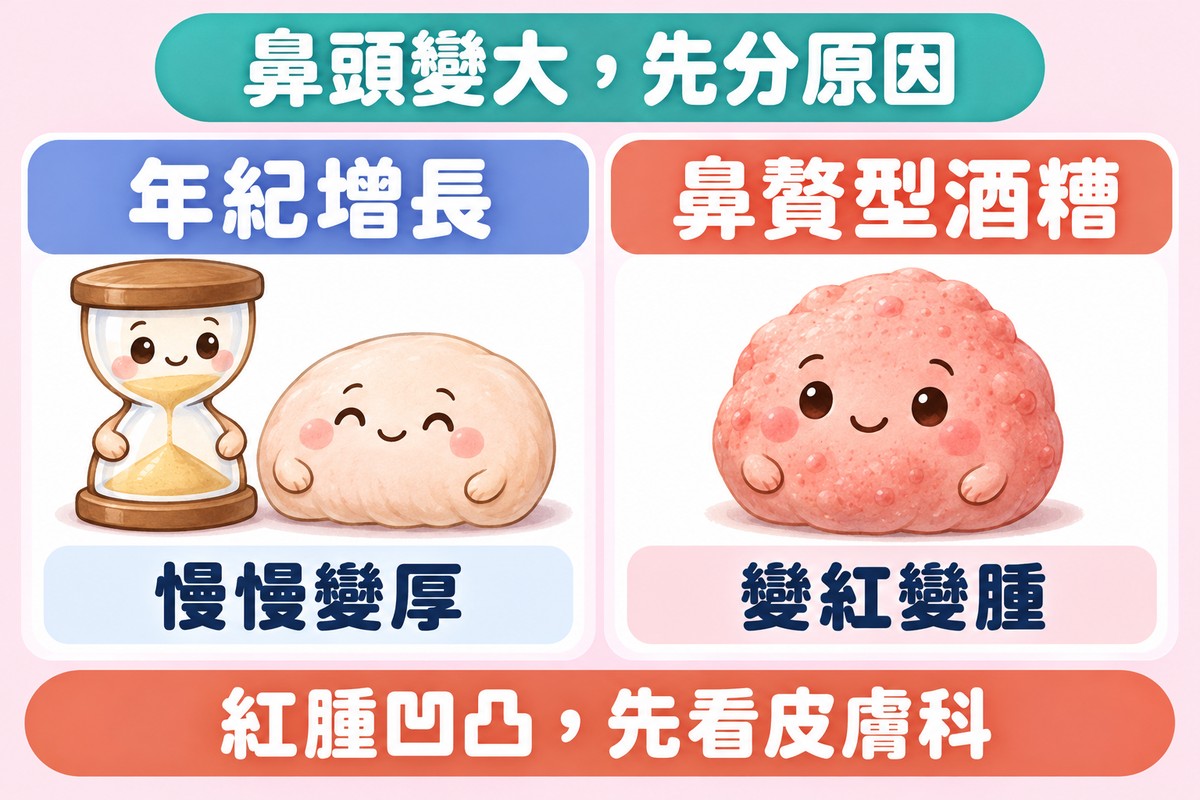 兩張卡片的解說圖:左邊沙漏角色和微微下垂的坐墊角色、寫著年紀增長慢慢變厚;右邊臉頰紅紅、表面凹凸的坐墊角色、寫著鼻贅型酒糟變紅變腫;下方寫著紅腫凹凸,先看皮膚科