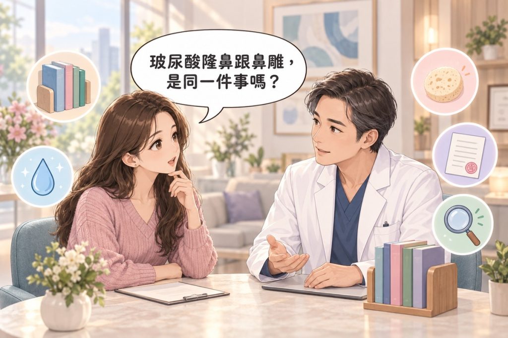 插畫:診間裡一位女性微微前傾、舉手發問,穿白袍的男醫師坐在對面聆聽,手邊的小書架上有一排書與一個書擋,周圍有書擋、海綿、水滴、蓋章文件與放大鏡的小圖示
