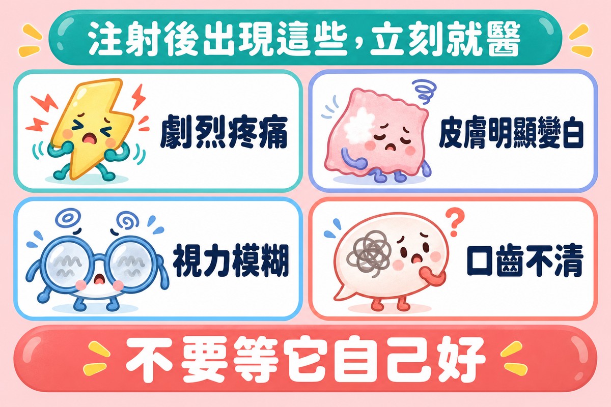 四張卡片列出注射後要立刻就醫的警訊:劇烈疼痛、皮膚明顯變白、視力模糊、口齒不清,下方寫不要等它自己好
