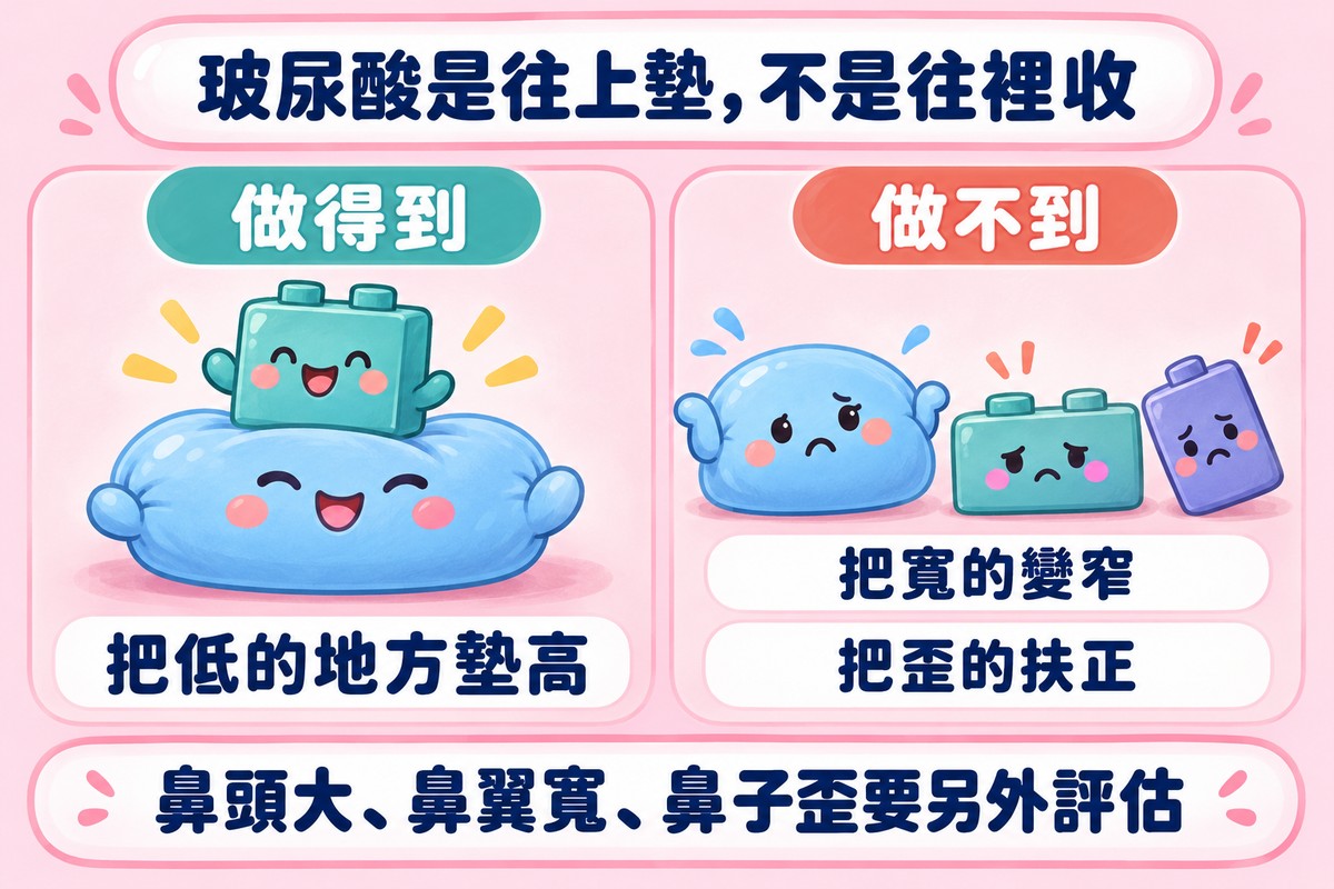 兩格說明圖:左邊一塊軟墊把積木從底下墊高,標示做得到、把低的地方墊高;右邊軟墊對著一塊很寬的積木與一塊歪掉的積木聳肩,標示做不到、把寬的變窄、把歪的扶正;下方寫鼻頭大、鼻翼寬、鼻子歪要另外評估