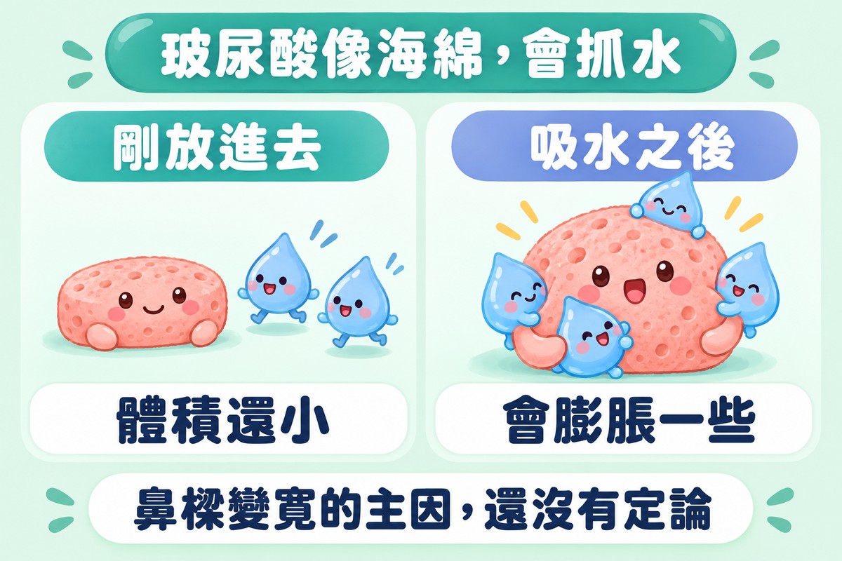 兩格比喻圖:左邊一塊小海綿剛放進去、體積還小;右邊同一塊海綿吸了水、膨脹了一些;下方寫鼻樑變寬的主因還沒有定論