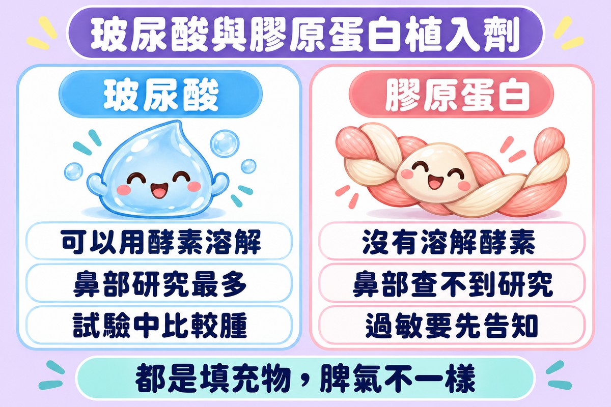 兩張卡片比較兩種填充物:玻尿酸可以用酵素溶解、鼻部研究最多、試驗中比較腫;膠原蛋白沒有溶解酵素、鼻部查不到研究、過敏要先告知