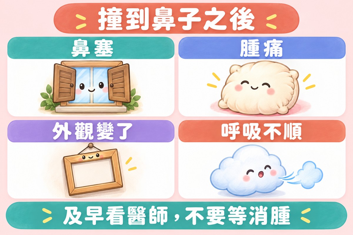 四格卡片的整理圖:半關著百葉窗的小窗戶寫著鼻塞、蓬蓬的小軟墊寫著腫痛、掛歪的空白畫框寫著外觀變了、輕輕吐氣的小雲朵寫著呼吸不順;上方寫著撞到鼻子之後,下方寫著及早看醫師,不要等消腫