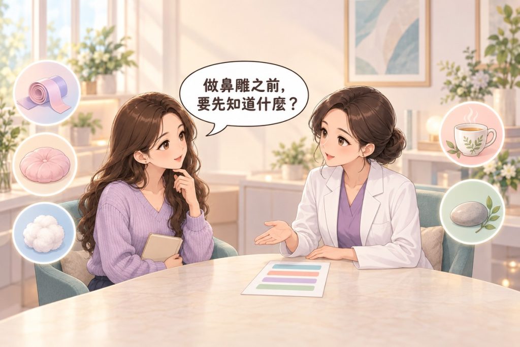 插畫：診間裡一位女性拿著一本空白的小筆記本、帶著疑問發問，對面穿白袍的醫師比著桌上一張只有色帶的紙平靜地說明，周圍有緞帶捲、小軟墊、棉球、茶杯與小石頭的小圖示