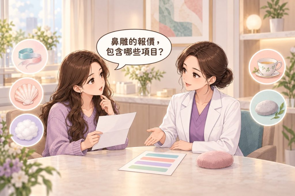 插畫：診間裡一位女性拿著一張空白的單子、帶著疑問發問，對面穿白袍的醫師比著桌上攤開的空白單子向她說明，周圍有緞帶捲、貝殼、棉球、茶杯與小石頭的小圖示