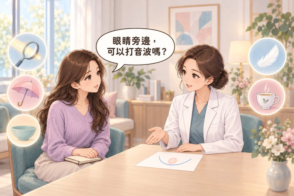 插畫：診間裡一位女性拿著空白的小筆記本發問，對面穿白袍的醫師比著桌上一張只畫了碗形曲線與一個小圓的紙平靜說明，周圍有放大鏡、小雨傘、小碗、羽毛與茶杯的小圖示
