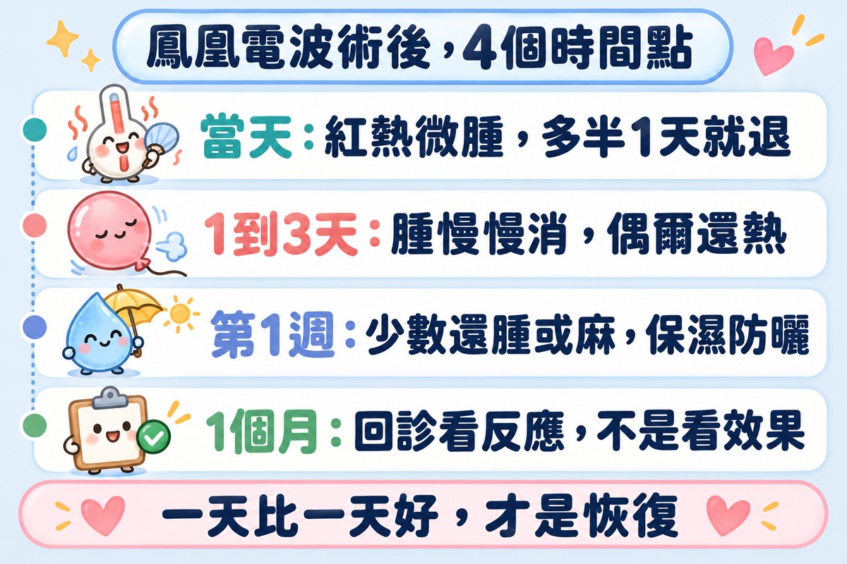 四列時間軸:當天紅熱微腫,多半1天就退;1到3天腫慢慢消,偶爾還熱;第1週少數還腫或麻,保濕防曬;1個月回診看反應,不是看效果;下方寫著一天比一天好才是恢復