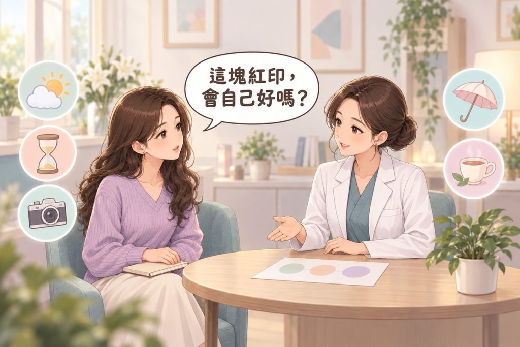 插畫：診間裡一位女性拿著空白的小筆記本發問，對面穿白袍的醫師比著桌上一張只畫了三個柔和小圓的紙平靜說明，周圍有雲後露出太陽、沙漏、相機、陽傘與茶杯的小圖示