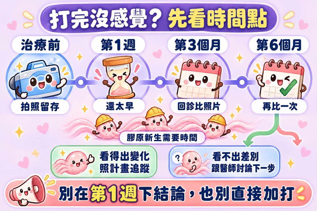 評估時間軸:治療前拍照留存,第 1 週還太早,第 3 個月與第 6 個月回診比照片;看不出差別就跟醫師討論下一步