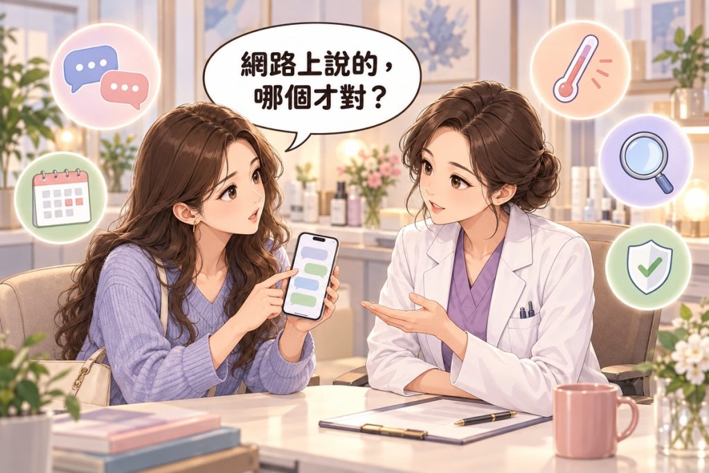 插畫:診間裡一位女性拿著手機,問穿白袍的醫師網路上的說法哪個才對,周圍有對話框、溫度計、放大鏡、月曆與盾牌小圖示