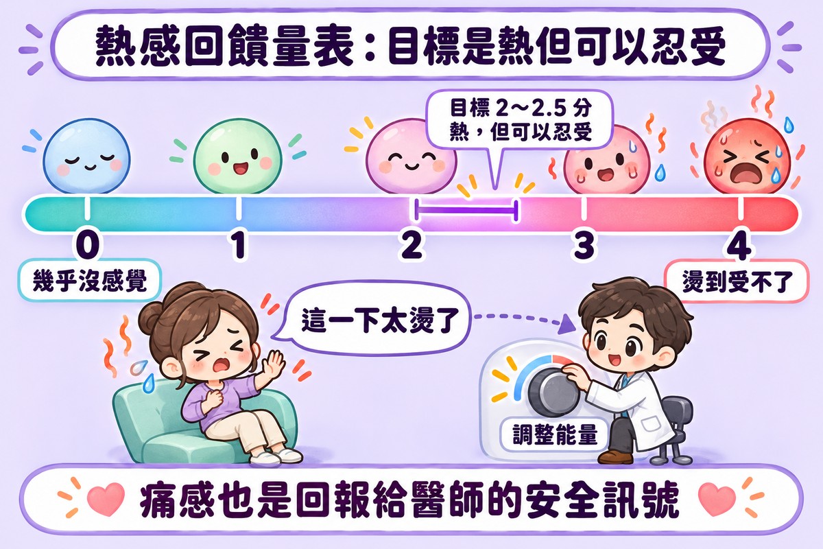0 到 4 分的熱感回饋量表:目標落在 2 到 2.5 分、熱但可以忍受;病人說這一下太燙了,醫師隨即調整能量