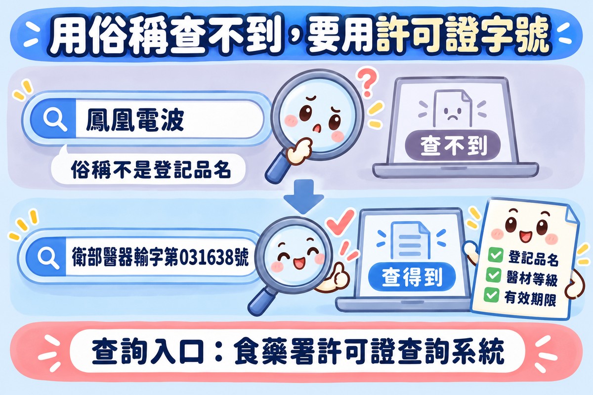 許可證查詢示意圖:用俗稱鳳凰電波搜尋查不到,改用許可證字號衛部醫器輸字第031638號,就查得到登記品名、醫材等級與有效期限