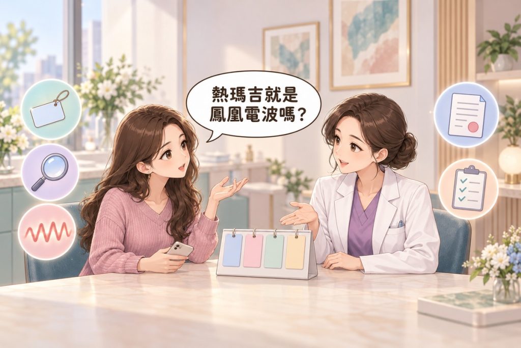 插畫:診間裡一位女性拿著手機發問,對面穿白袍的醫師比著桌上插著四張空白名牌的小立架向她說明,周圍有名牌、放大鏡、電波、蓋章文件與打勾清單的小圖示