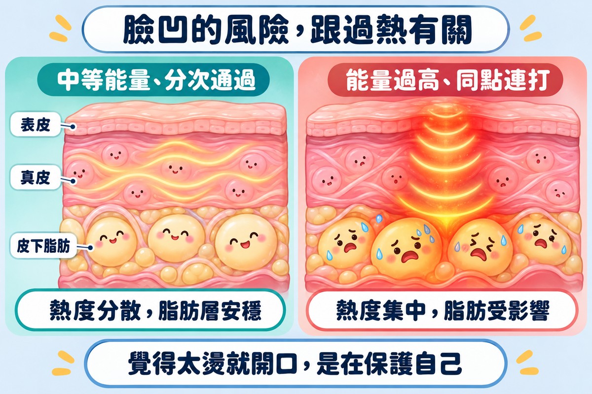 皮膚剖面對照圖:中等能量分次通過時熱度分散、脂肪層安穩;能量過高同點連打時熱度集中、脂肪受影響