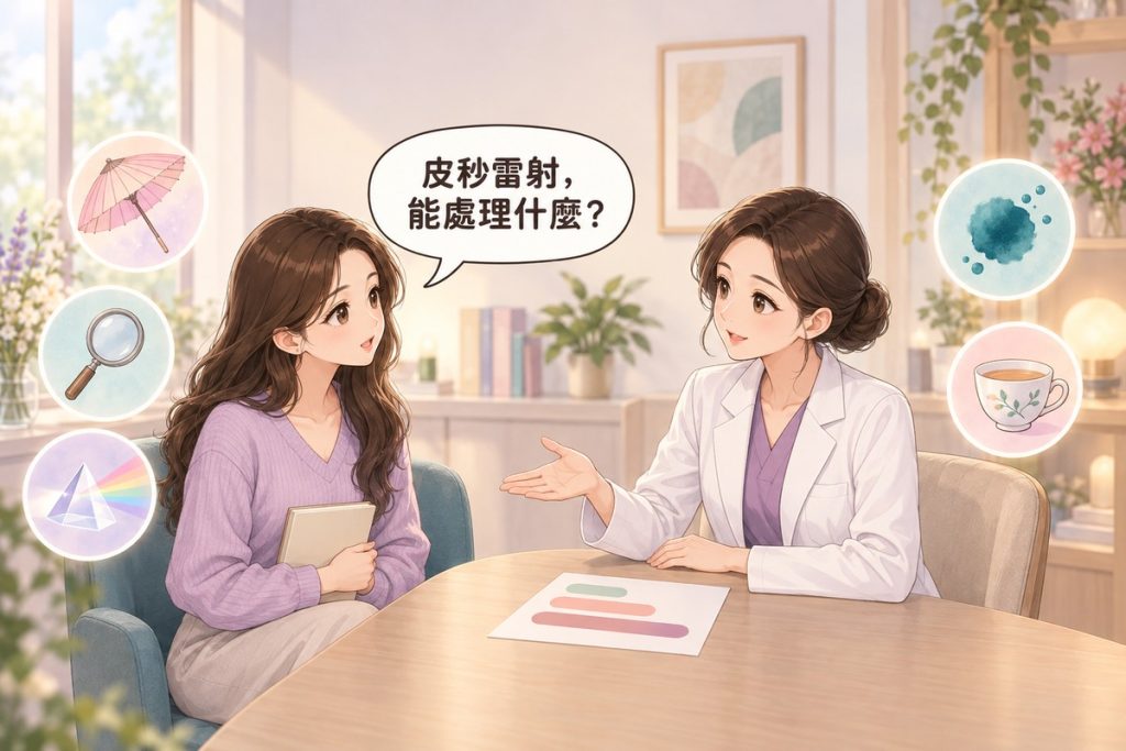 插畫:診間裡一位女性拿著空白的小筆記本發問,對面穿白袍的醫師比著桌上一張只有三條長短不同色帶的紙平靜說明,周圍有小陽傘、放大鏡、稜鏡、墨水滴與茶杯的小圖示