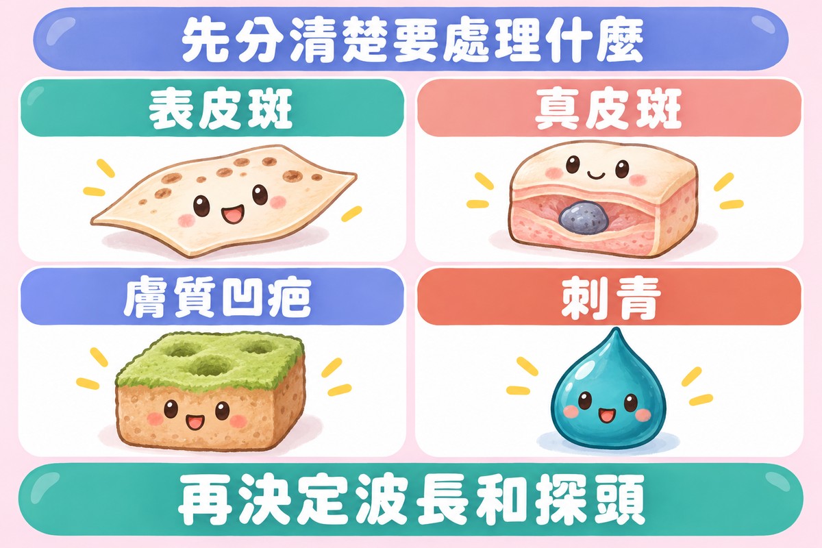 四張卡片的整理圖:薄片上的小貼紙代表表皮斑、軟坐墊深處的小石頭代表真皮斑、有淺凹的草皮代表膚質凹疤、墨水滴代表刺青;下方寫著再決定波長和探頭