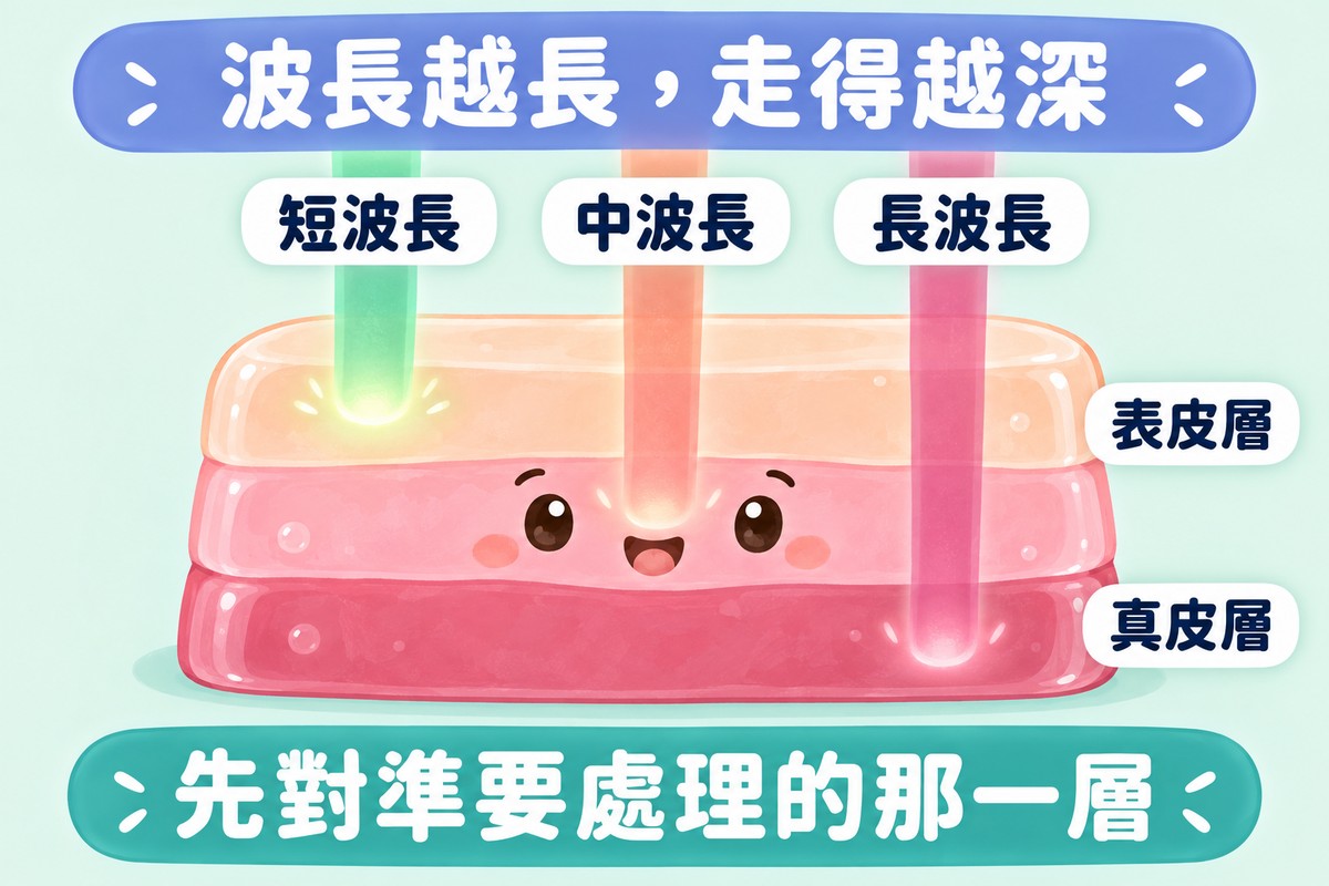 比喻圖:三層果凍上方有三條光的緞帶,短波長停在最上層、中波長到中間、長波長到最下層,旁邊標著表皮層與真皮層;下方寫著先對準要處理的那一層
