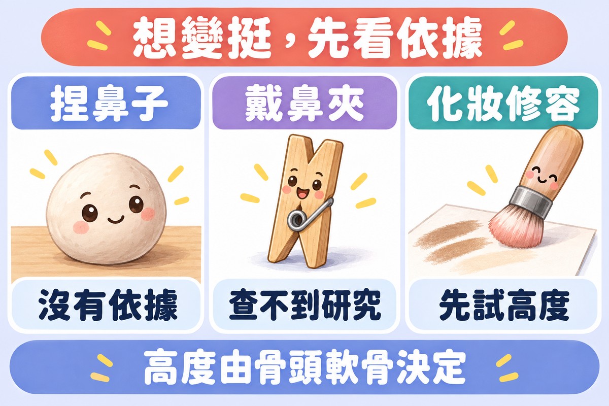 三格卡片的整理圖:形狀沒變的小黏土球寫著捏鼻子、沒有依據,自己放著的木頭曬衣夾寫著戴鼻夾、查不到研究,在白紙上畫出柔和陰影與亮面的化妝刷寫著化妝修容、先試高度;上方寫著想變挺,先看依據,下方寫著高度由骨頭軟骨決定