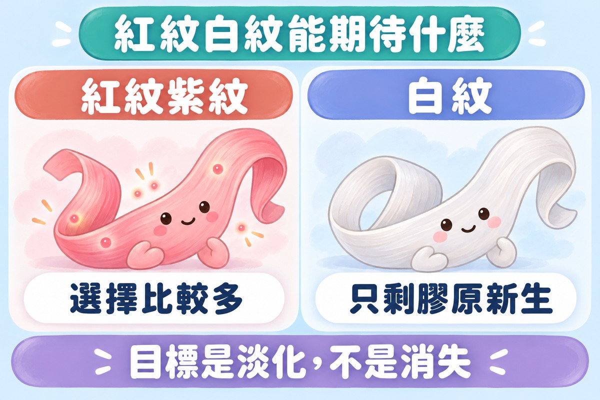 兩格對照的比喻圖:左邊帶著幾個小亮點的玫瑰粉緞帶寫著紅紋紫紋、選擇比較多;右邊平滑的淡銀白緞帶寫著白紋、只剩膠原新生;上方寫著紅紋白紋能期待什麼,下方寫著目標是淡化,不是消失