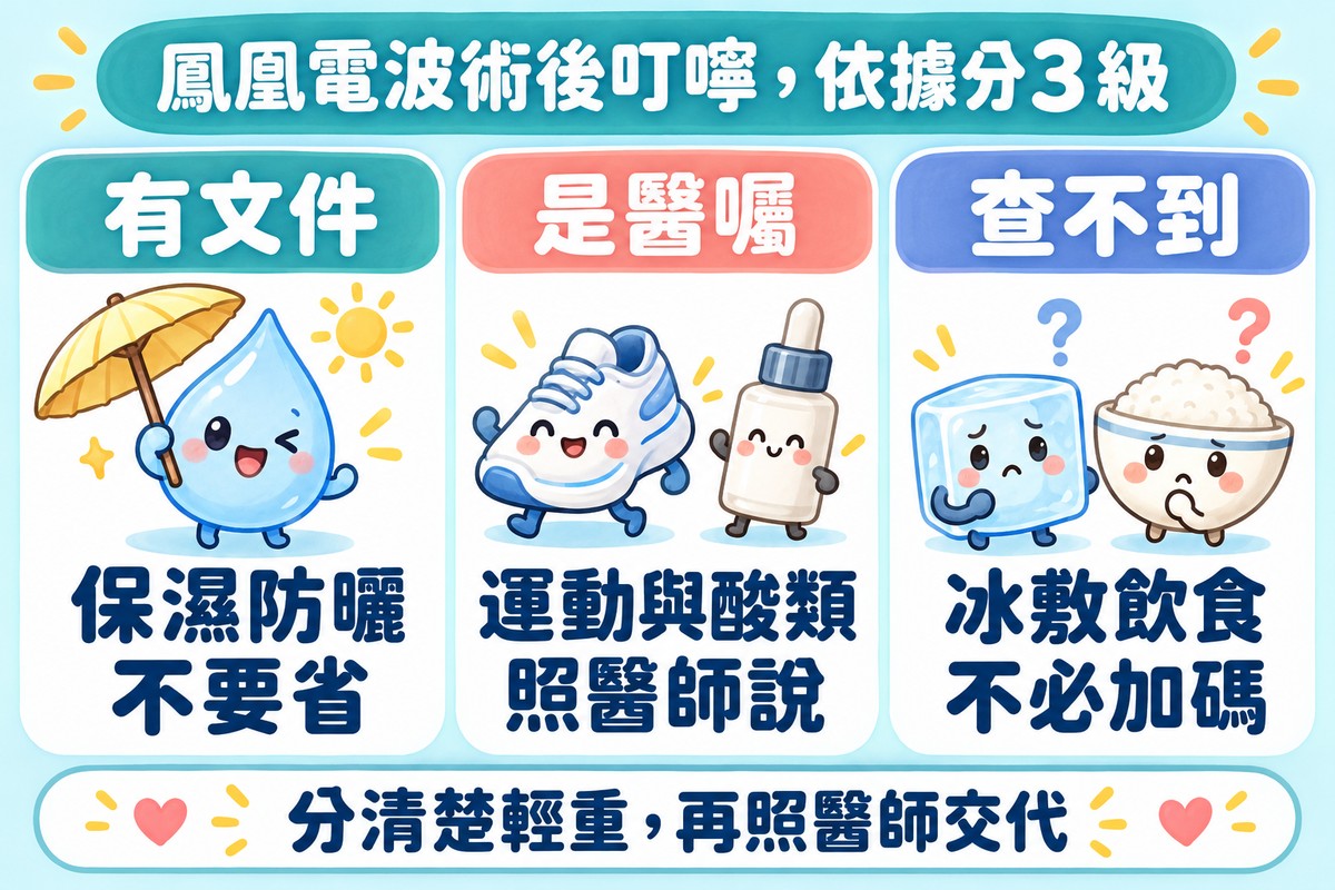 三張卡片把術後叮嚀分成三級:有文件的保濕防曬不要省;屬於醫囑的運動與酸類照醫師說;查不到依據的冰敷飲食不必加碼