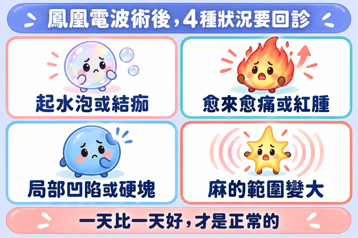 四張卡片排成兩排,列出要回診的狀況:起水泡或結痂、愈來愈痛或紅腫、局部凹陷或硬塊、麻的範圍變大;下方寫著一天比一天好才是正常的