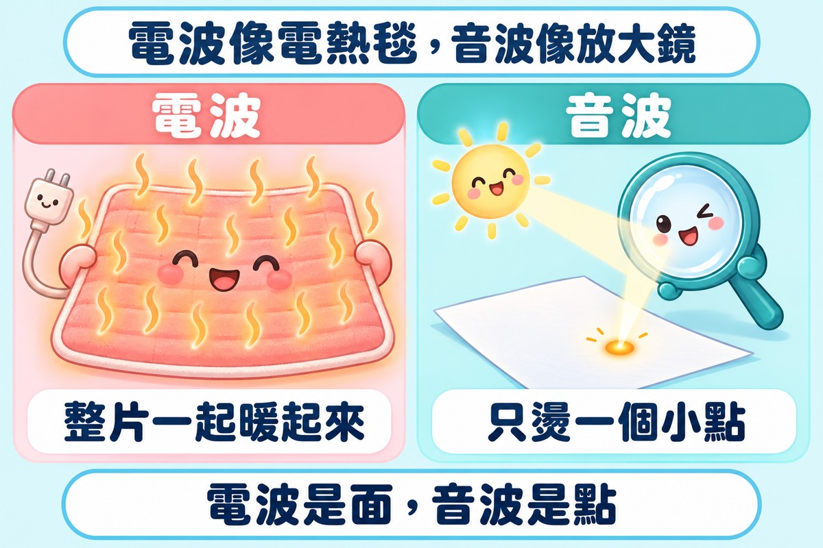 兩格對照的比喻圖:左邊電熱毯角色整片一起暖起來,代表電波;右邊放大鏡角色把光聚成紙上的一個小亮點,只燙一個小點,代表音波;下方寫著電波是面,音波是點