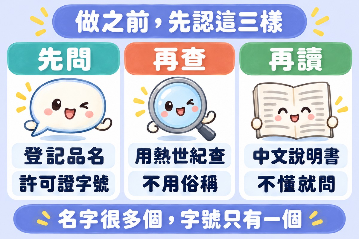 三張卡片:先問登記品名與許可證字號;再查,用熱世紀查、不用俗稱;再讀中文說明書,不懂就問;下方寫著名字很多個,字號只有一個