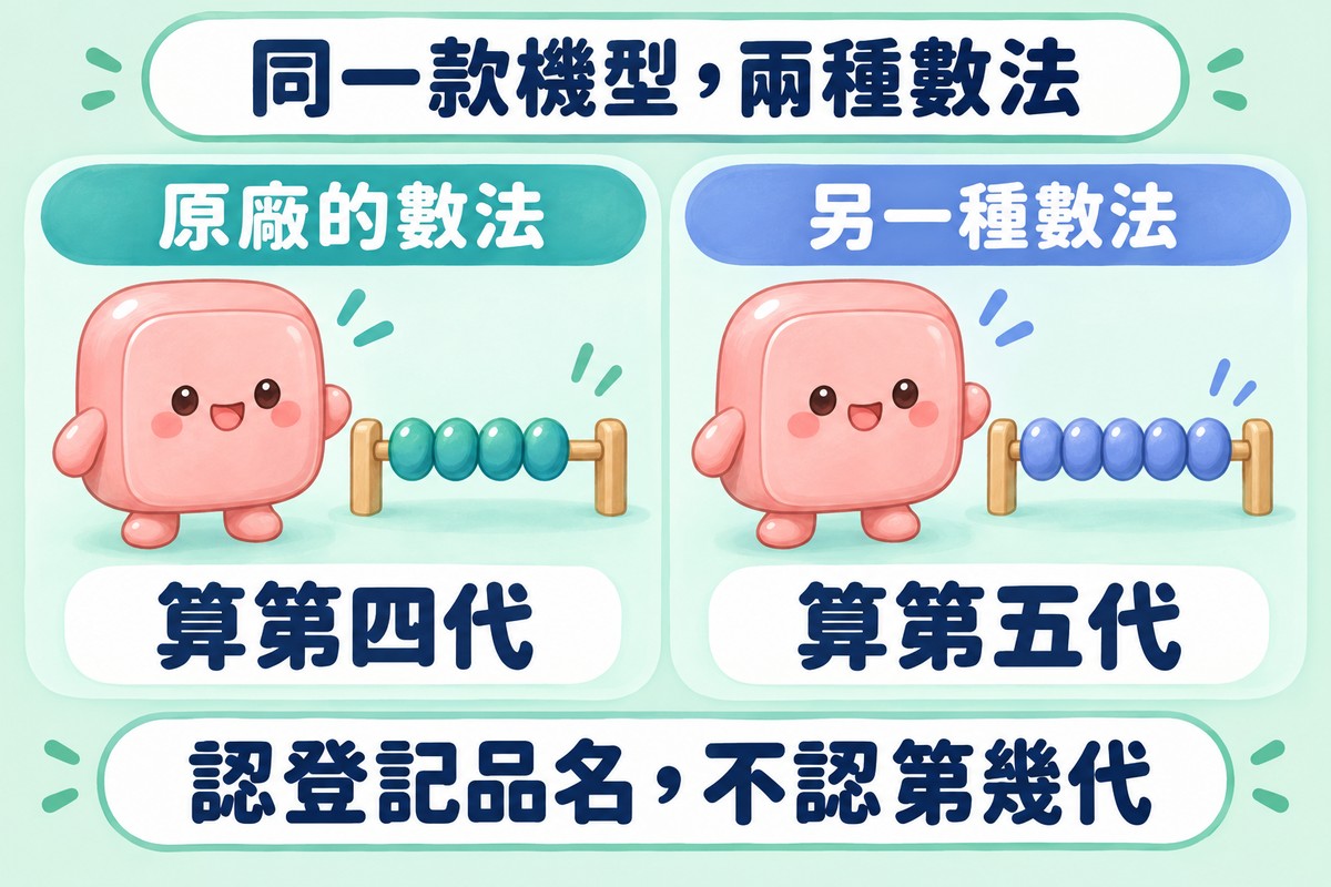 兩格對照:同一個角色在左邊用原廠的數法算第四代,在右邊用另一種數法算第五代,角色長得一模一樣;下方寫著認登記品名,不認第幾代