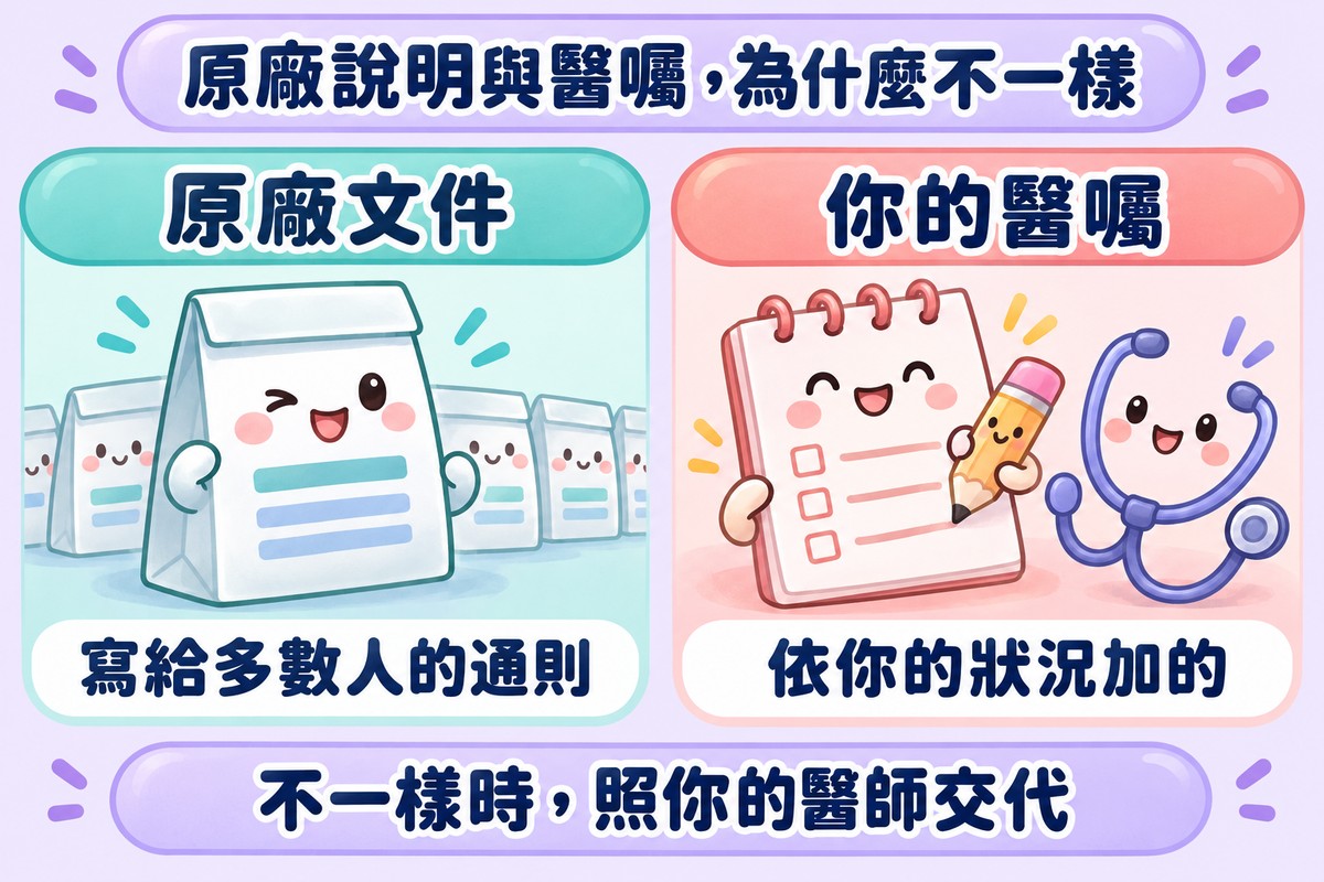 兩格對照的比喻圖:左邊是藥袋造型的角色,代表原廠文件、寫給多數人的通則;右邊是便條紙、鉛筆與聽診器造型的角色,代表你的醫囑、依你的狀況加的