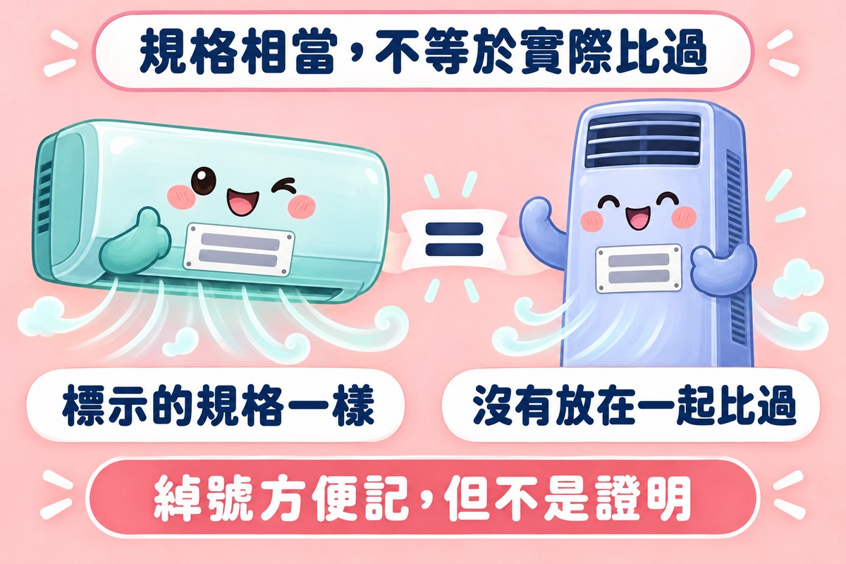 比喻圖:兩台不同廠牌的冷氣角色並排,胸前掛著看起來一樣的規格牌,左邊標示標示的規格一樣,右邊標示沒有放在一起比過;下方寫著綽號方便記,但不是證明