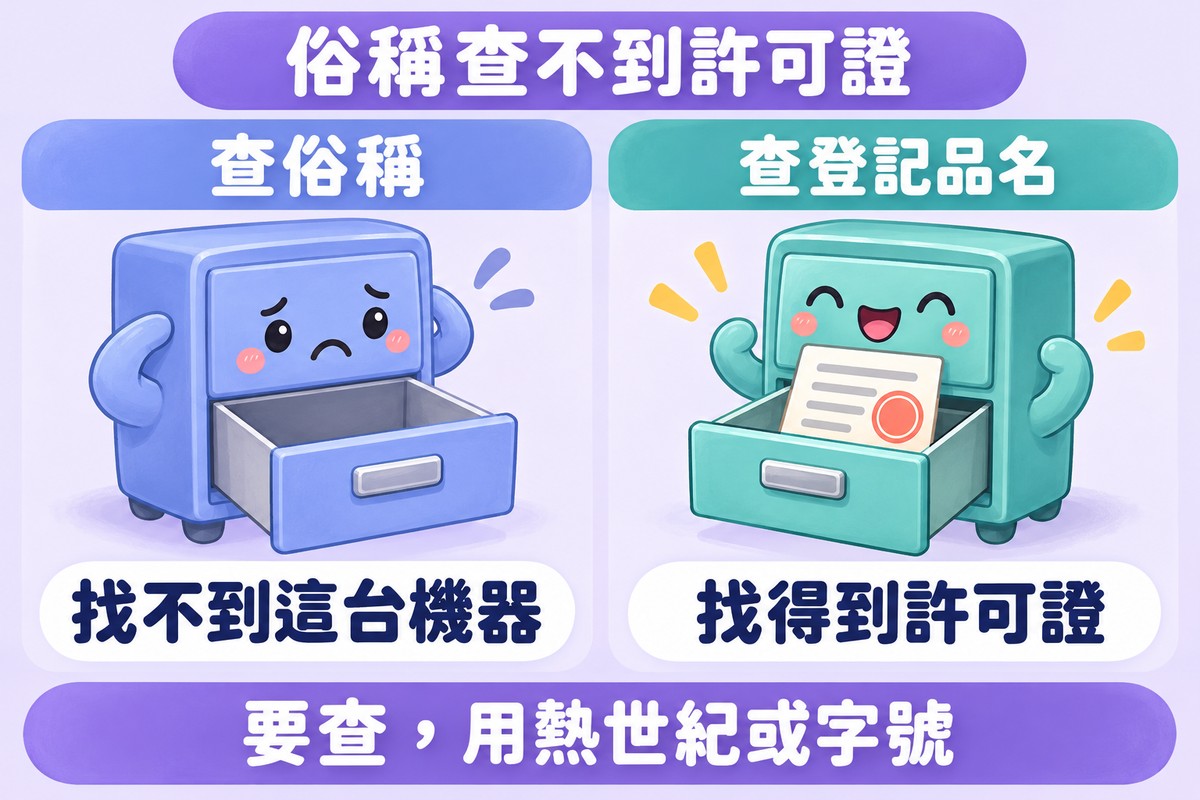 兩格對照:左邊檔案櫃角色的抽屜是空的,寫著查俗稱、找不到這台機器;右邊檔案櫃角色的抽屜裡有一份蓋章文件,寫著查登記品名、找得到許可證;下方寫著要查,用熱世紀或字號