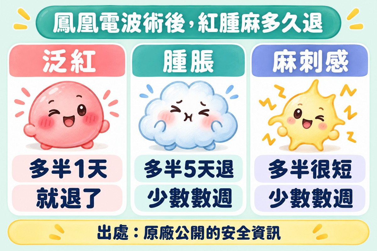 三張卡片:泛紅多半1天就退了;腫脹多半5天退,少數數週;麻刺感多半很短,少數數週;下方註明出處是原廠公開的安全資訊