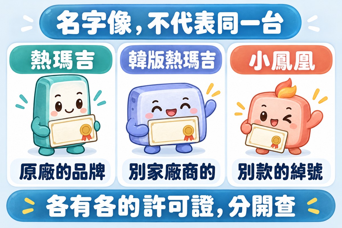 三張卡片:熱瑪吉是原廠的品牌,韓版熱瑪吉是別家廠商的,小鳳凰是別款的綽號,三個角色各拿著一張自己的證書;下方寫著各有各的許可證,分開查