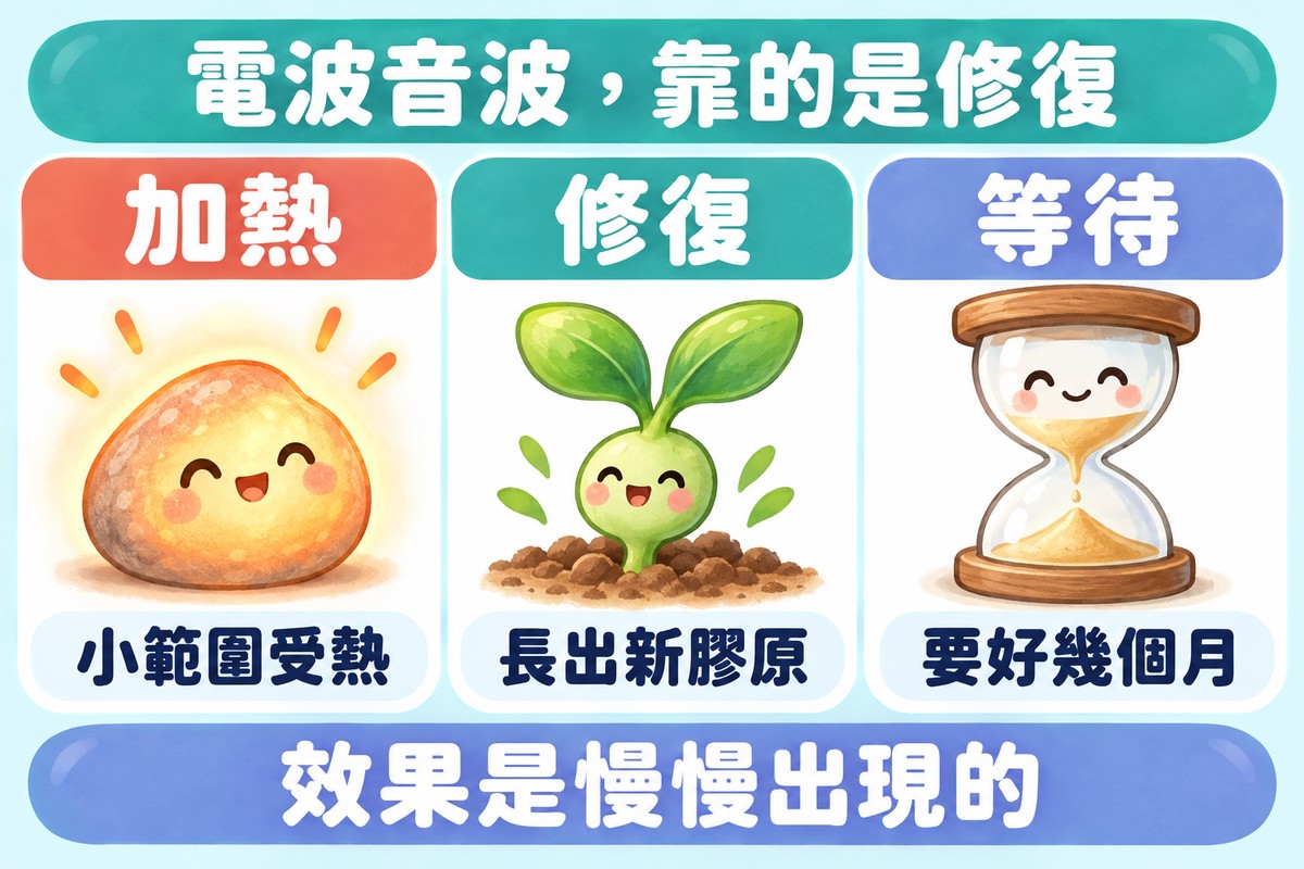 三張卡片的比喻圖:發著暖光的小石頭代表加熱、小範圍受熱,冒出來的小芽代表修復、長出新膠原,沙漏代表等待、要好幾個月;下方寫著效果是慢慢出現的