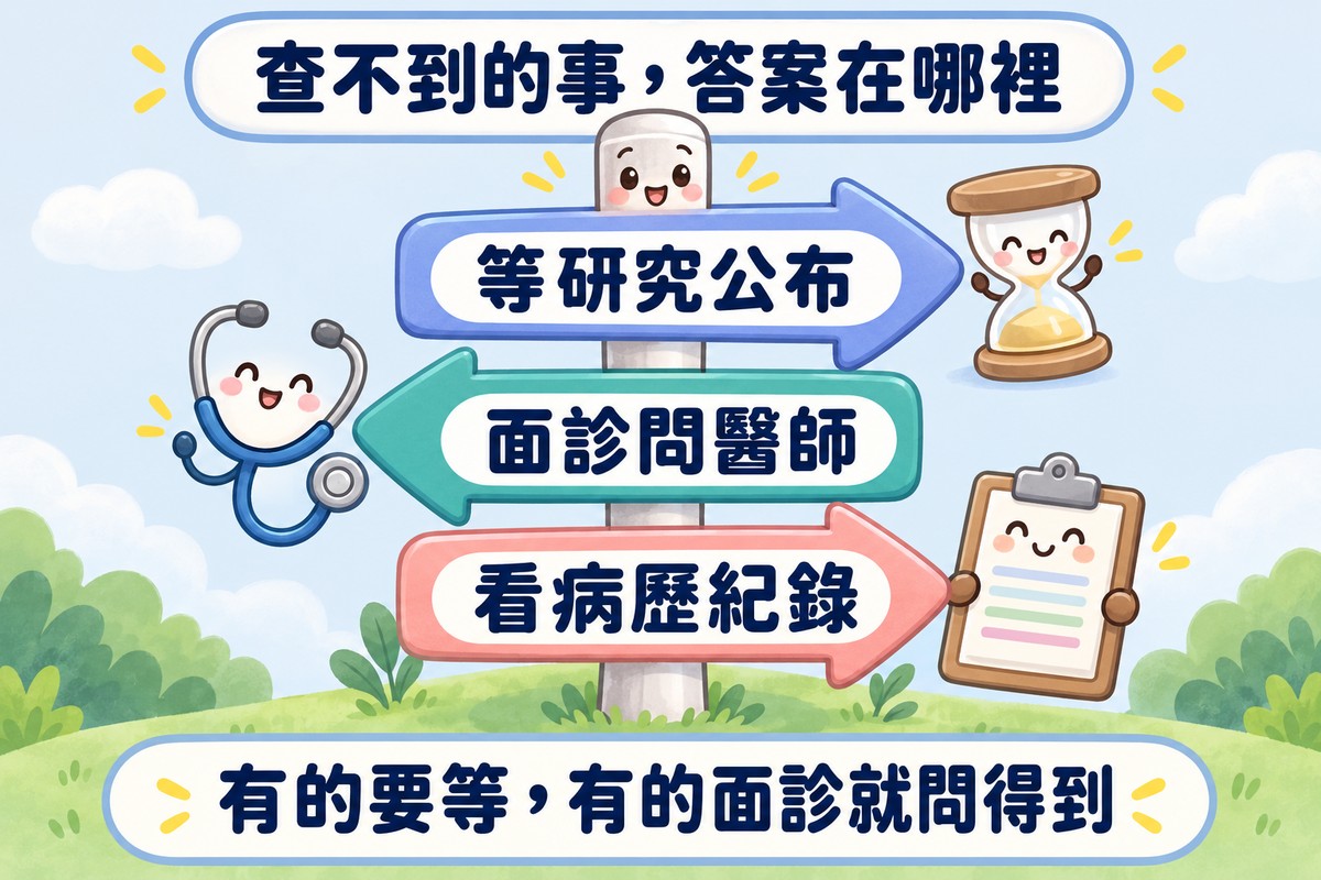 一支路標角色掛著三塊指示牌,分別寫著等研究公布、面診問醫師、看病歷紀錄,牌子旁邊各有沙漏、聽診器與板夾的小角色;上方寫著查不到的事,答案在哪裡,下方寫著有的要等,有的面診就問得到