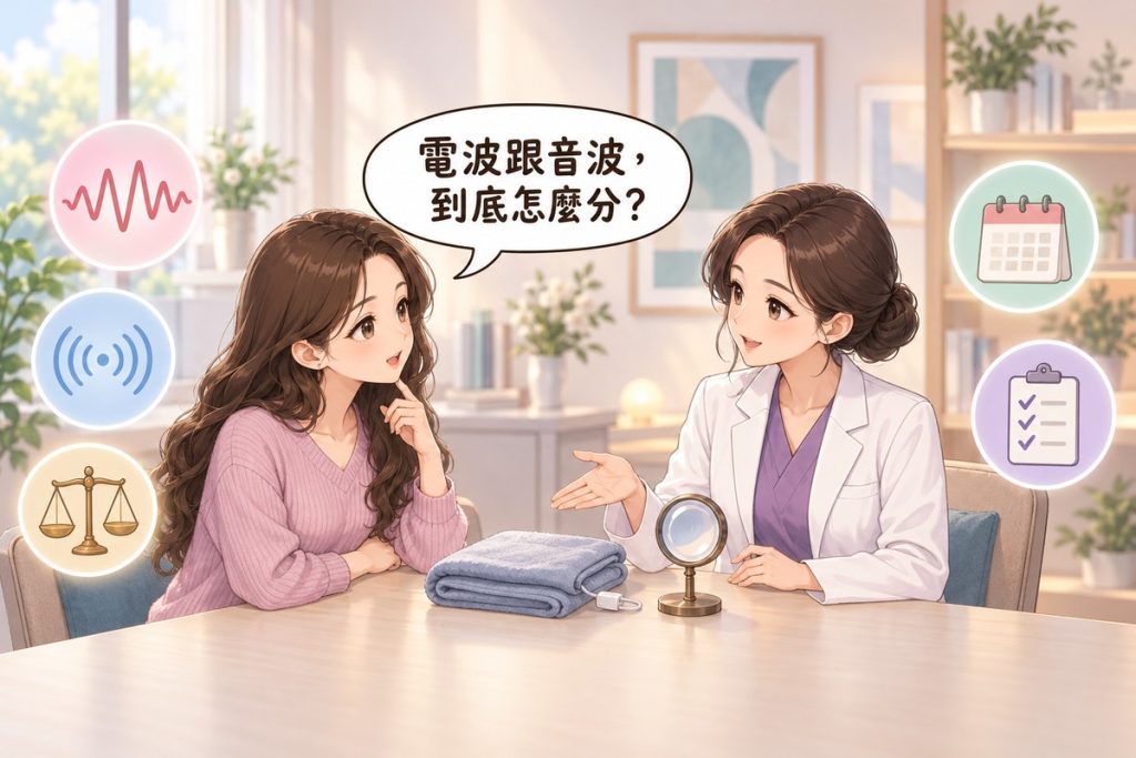 插畫:診間裡一位女性帶著疑問發問,對面穿白袍的醫師比著桌上的小電熱毯與放大鏡向她說明,周圍有電波、聲波、天平、日曆與打勾清單的小圖示