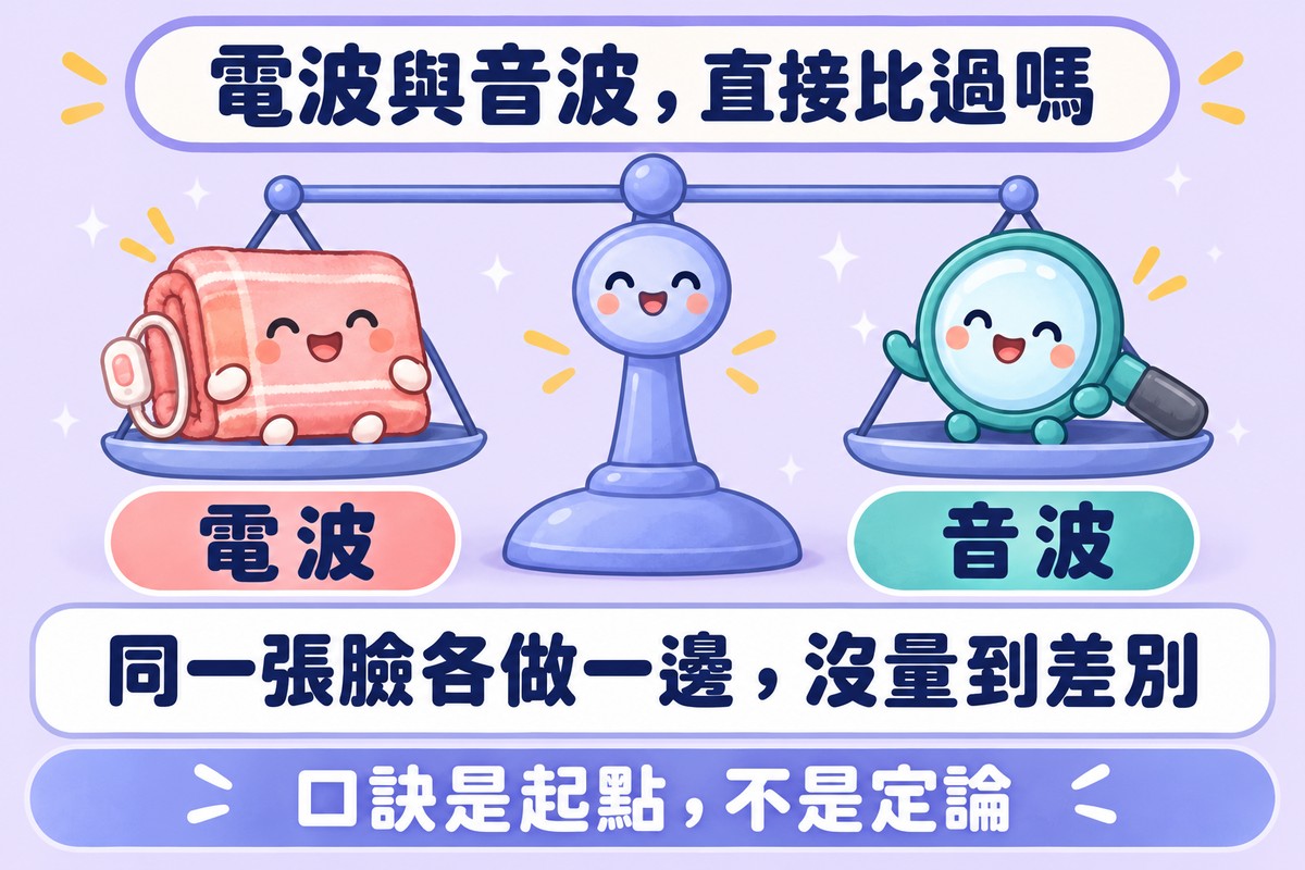 天平角色的兩端各坐著代表電波的電熱毯角色與代表音波的放大鏡角色,天平持平;下方寫著同一張臉各做一邊,沒量到差別,口訣是起點,不是定論