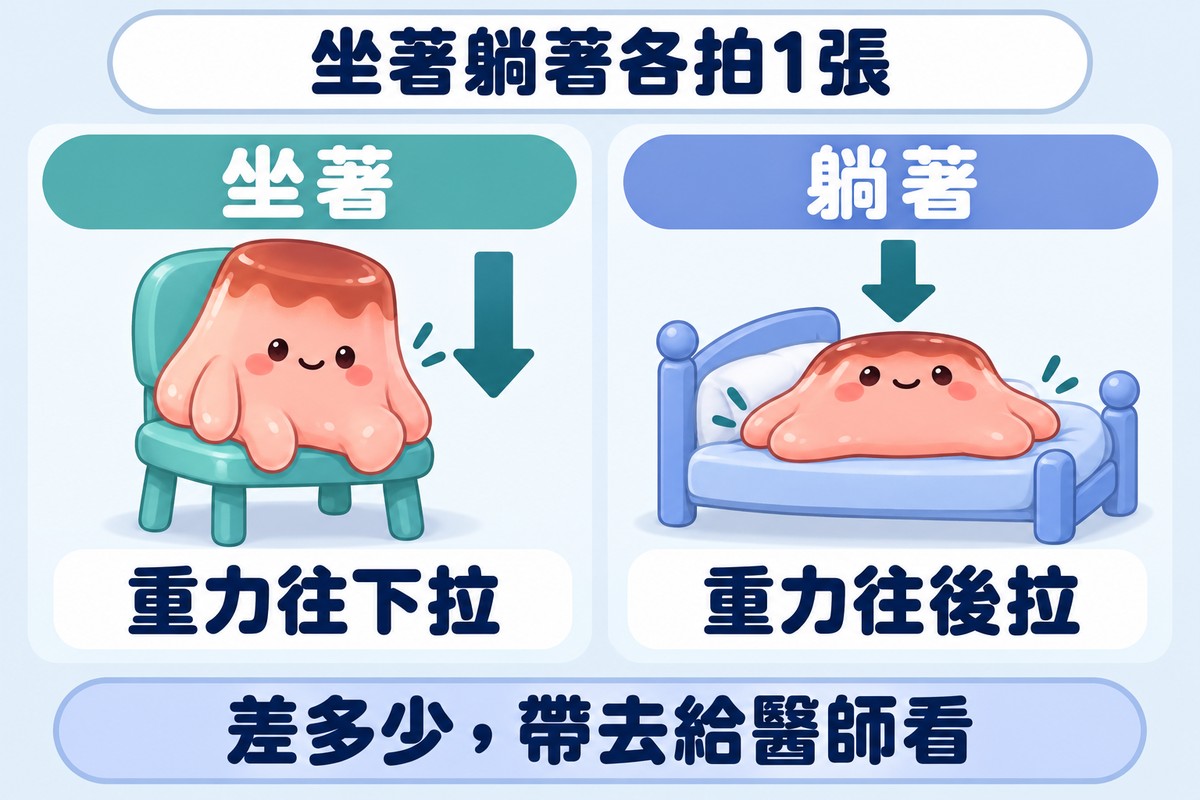 兩格對照:左邊布丁角色坐在椅子上,重力往下拉;右邊同一個角色平躺在床上,重力往後拉;下方寫著差多少,帶去給醫師看
