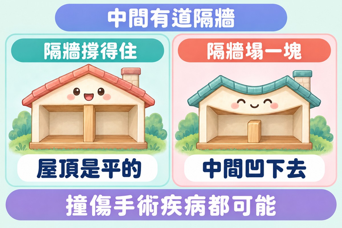 兩格對照的比喻圖:左邊一間小屋中間有一道隔牆撐著,屋頂是平的;右邊另一間小屋的隔牆塌了一塊,屋頂中間凹下去;上方寫著中間有道隔牆,下方寫著撞傷手術疾病都可能